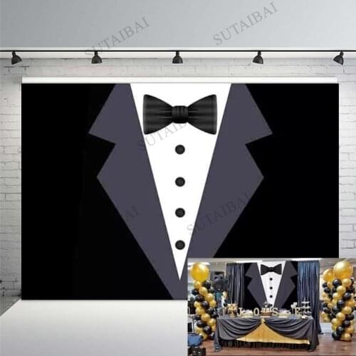 Gentleman Tuxedo Backdrop Black White Suit Luxury Dinner Photography Background Father Man Boy Baby Birthday Party Supplies