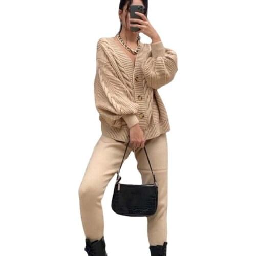 Sweater Two Piece Set Women Lantern Sleeve Cardigan Top Pant Suits Autumn Fashion Knit Sweater Street Style Casual Tracksuit Set