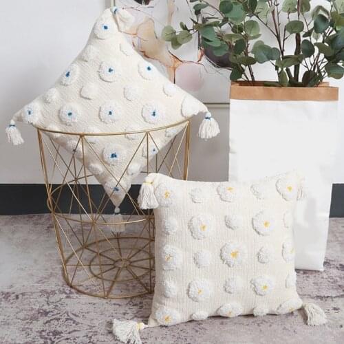 Nordic Handmade Woven Throw Pillow Case with Tassel Boho Tufted Circle Dot Poached Egg Pattern Square Cushion Cover