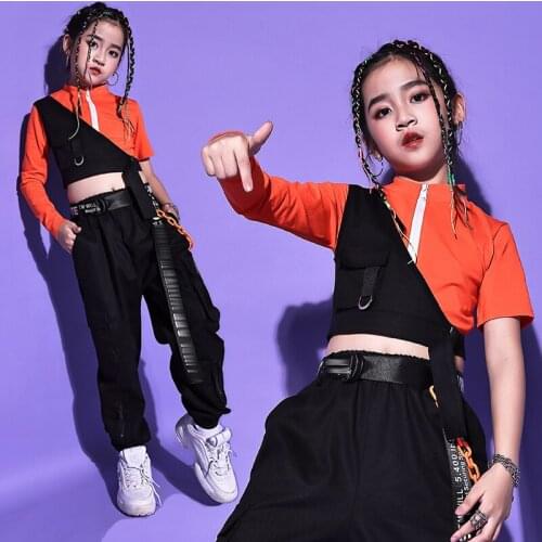 Personality Sleeves Tops Girls Hip Hop Dance Clothes Loose Black Pants Childrens Day Jazz Performance Costume Streetwear DB3541