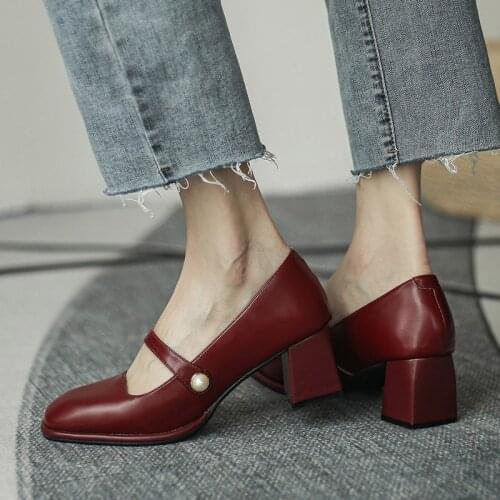 New Fashion Women Shoes Square Toe Mary Janes Shoes Square Heel Dress Shoes Pearl Buckle Pumps High Heels Office Shoe