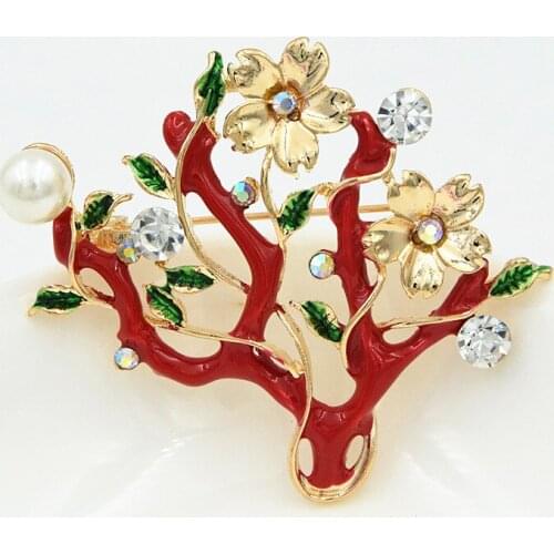 Utei Jewelry Fancy Gold Color Alloy Red Enamel Flower Tree Brooch Trendy Jewelry Scarf Pin For Women