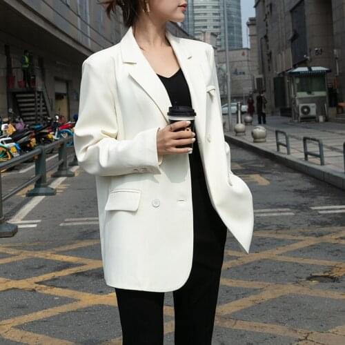 High-end White Blazer Jacket Womens Black Solid Tops For Office Lady Wear Autumn Fashion Double Breasted Casual Casaco Feminino