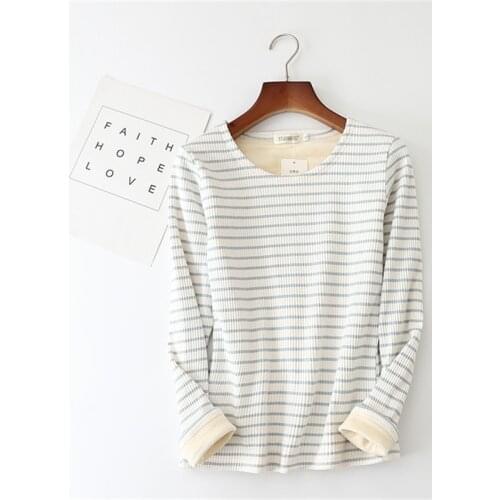 Sanishroly Women Striped T-Shirts Tee Autumn Winter Warm Thick Velvet T Shirt Ladies Long Sleeve T Shirts Tops Plus Size 2XL 227