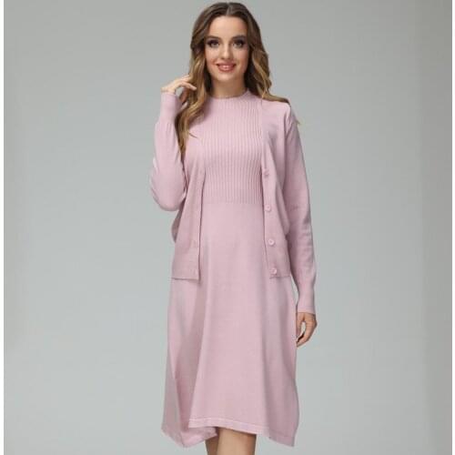 MFlady 2020 Autumn Winter Women Sweater Coat Dress Sets Solid Color Female Casual Two-Pieces Suits Long Loose Knit Sweater Dress