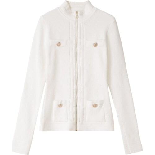 2020 Knitted Sweater Women Zipper Cardigans Long Sleeve Button Up Elegant Fashion Autumn Winter Argyle Plaid Jacket White Tops