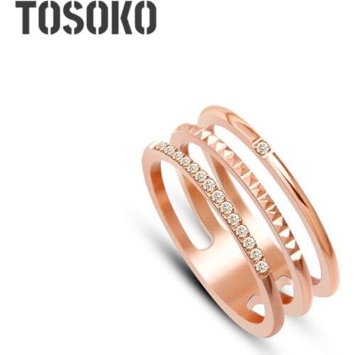 TOSOKO Stainless Steel Jewelry Hollow Three Layer Ring With Zircon Inlaid Female Ring BSA049