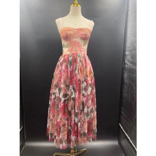 Tube Mesh Spring/Summer 2021 Top Sling Skirt Bohemian Holiday Style Rose Printed Puffy Dress Luxury High Quality Sicily