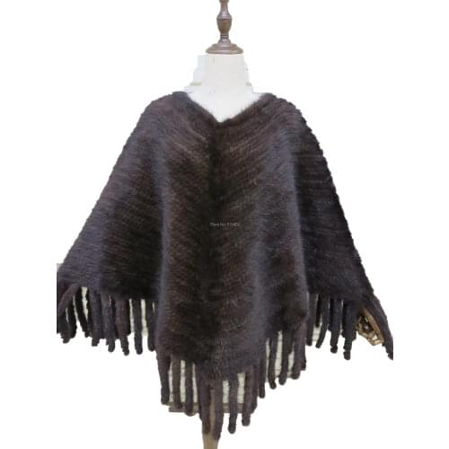 Newestluxury Real Mink Fur poncho V-neckl with tassels knitted Cape/ Coat / knitted/shawl/brown