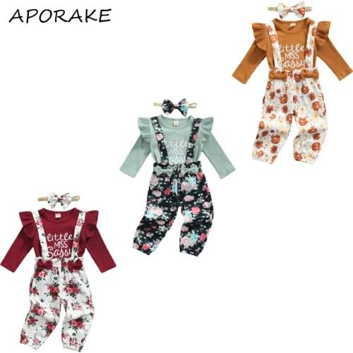 2021 3-24M Fall Infant Girl Clothes Set Letter Embroidery Ruffle Long Sleeve T-shirt+Bow Floral Print Suspender Pants 3pcs