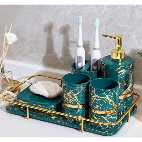6pcs Nordic Art Luxury Ceramic Marble Bathroom Five-piece Decoration Home Model Room Bathroom Brushing Cup Soap Dish Toiletries