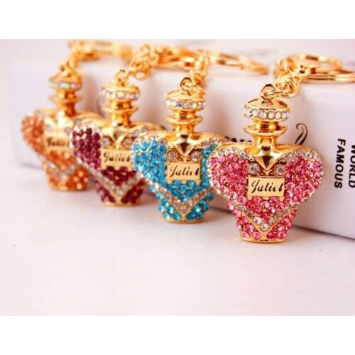 Heart Perfume Bottle Keyring Rhinestone Crystal Charm Pendant Key Bag Chain Handbag Jewelry Keychain Christmas Mothers Day Gift