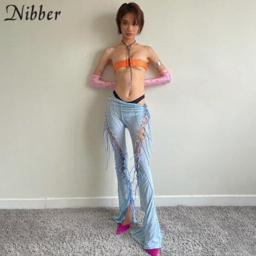 Nibber Y2k Harajuku Pure Color Flare Pants Women Summer Sexy Tulle Perspectivity Hollow Out Bandage Fashion Streetwear 2021
