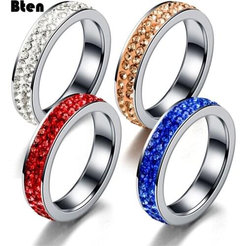 Bten Full Size 2 Row Clear Crystal Ring For Women Stainless steel Wedding Rings Fashion Jewelry Made with Genuine CZ Crystals