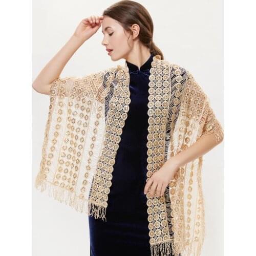 Elegant Women Lace Hollowing sequins Embroidery fringed shawl scarf All-Match Ladies cheongsam Evening Wedding Shawls Tippet