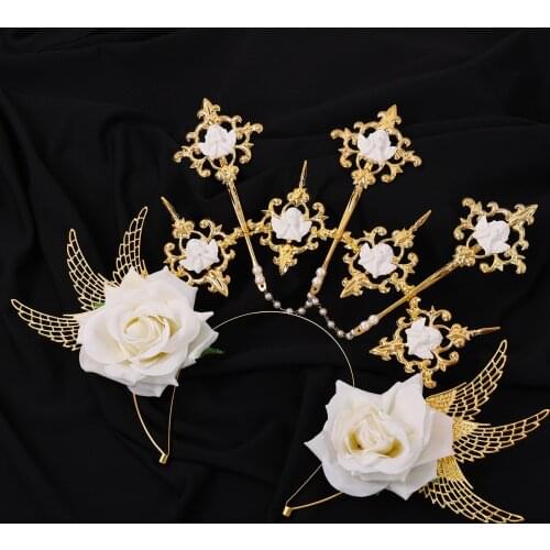Gold Baroque Tiara Headdress Lolita Sun Godmothers Crown Headband KC Gothic White Rose Angel Wings Virgin Mary Hair Accessories