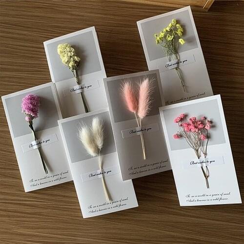 Bunny Tail Grass Creative Dried Flowers+Papercard Folding Type Greeting Gift Cards Christmas Birthday Party Wedding Invitations