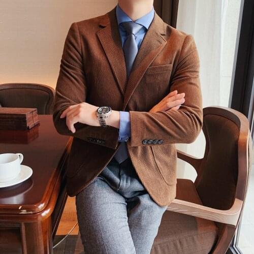 2021 Autum Corduroy Wedding Dress Coat Mens Blazer Jacket Fashion Solid Color Casual Suit Mens Business Blazers Costume Homme