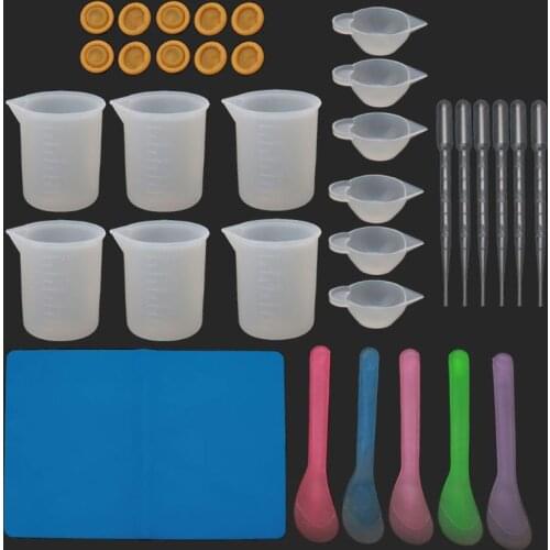 34Pc Reusable Silicone Resin Kit Nonstick Silicone Mat 100ml Measuring Cups Finger Cots Resin Mix Cup Stir Stick Pipette