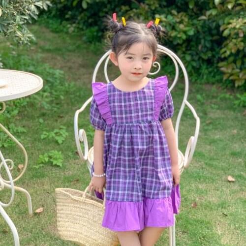Summer New Arrival korean style girls princess dress plaid short sleeve matching colors girls sweet dress for cute baby girls