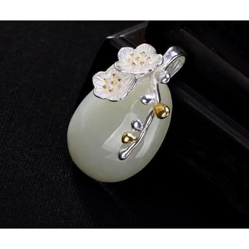 Original S925 Sterling Silver Inlaid Natural Hetian Jade White Jade Plum Blossom Lady High-End All-Match Pendant Fidelity
