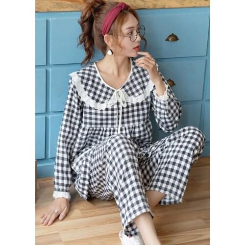 Long-sleeved pajamas cotton plaid pajamas women spring and autumn suits black cute thin section home service summer Night set