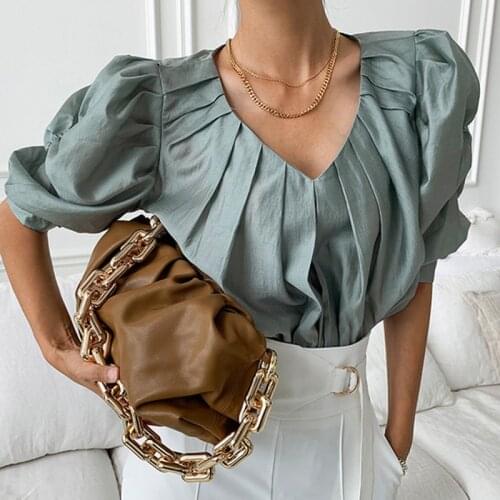 Summer Korean New V-neck Shirt Blouse Pleated Puff Short Sleeve Women Elegant Chiffon Shirt Loose Women Clothing Blusa 14944