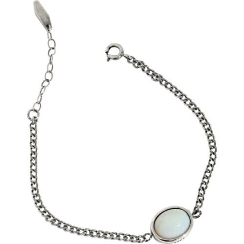 Vintage Authentic 925 Sterling silver White Opal Stone Chain Bracelet fine Jewelry TLS384