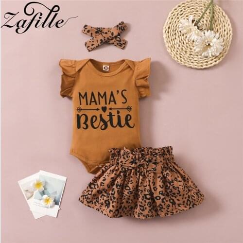 ZAFILLE Brown Baby Girl Clothes Set For Newborns Mamas Bestie Bodysuit+Leopard Skirts+Headband 3pcs Kids Toddler Baby Outfits