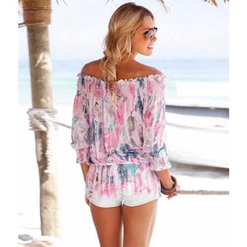 Women Summer Autumn Fashion Beach Female Clothing Print Slash Neck Half Sleeve Fashion Top Shirt 04