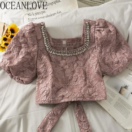 OCEANLOVE Korean Heavy Jacquard Blouse Women Summer Diamonds Square Collar Puff Sleeve Bandage Bowknot Tops Short Blusas Mujer