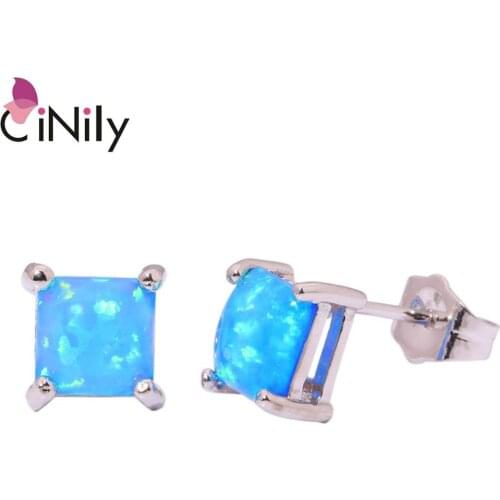 CiNily Created Blue Fire Opal Silver Plated Wholesale Hot Sell Wedding Party for Women Jewelry Stud Earrings 7mm OH2500