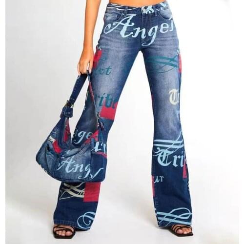 Angel Distressed Jeans Women Long Pants Letter Print Vintage Y2K Wide-leg Trousers Leisure Pantalones Low Rise Boyfriend Jeans
