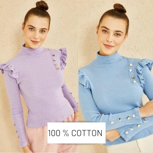 Women Half Turtleneck Blue Shoulders Frilly Buttons 100% Cotton Soft Princess Sleeve Sweater Fashion Cardigan Winter Spring