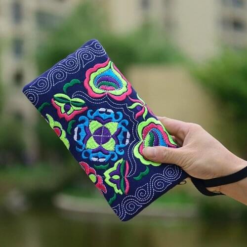 Women Vintage Ethnic Floral Embroidered Coin Clutch Long Wallet Coin Purse Card Holder Handbags Best Sale-WT