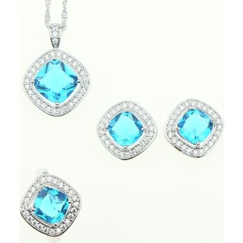 Sky Blue Crystal Cubic Zirconia Jewelery Sterling Silver 925 Necklace Pendant Earrings Ring Jewelry Sets Ornament For Women