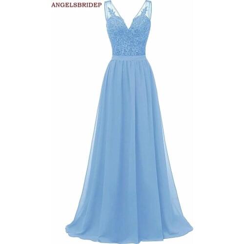 ANGELSBRIDEP V-Neck Long Evening Party Dresses Vestidos De Festa Appliques Floor-Length Formal Celebrity Prom Dresses Hot sale