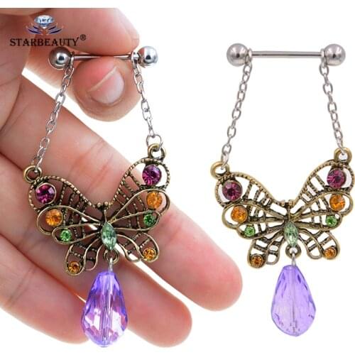 1 Pair 316L Purple Butterfly Pendant Nipple Jewelery Surgical Steel Piercing Barbells Nipple Ring Bar barbell piercing jewelry