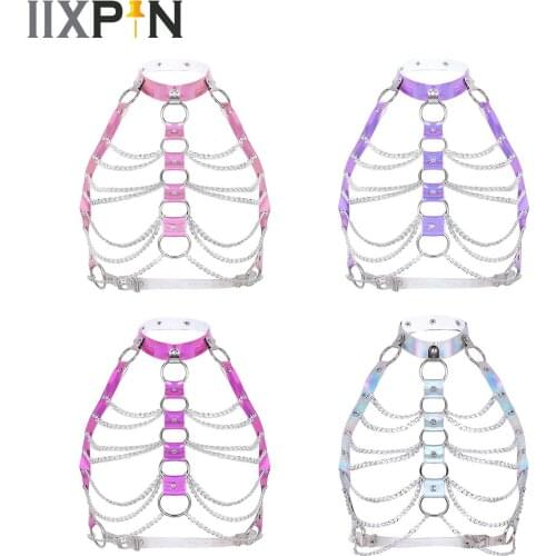2021 Goth PVC Shiny Body Shoulder Harness Belt Chain Chest Belt Gothic Punk Fashion Metal Girl Tassels Roleplay Costume Clubwear