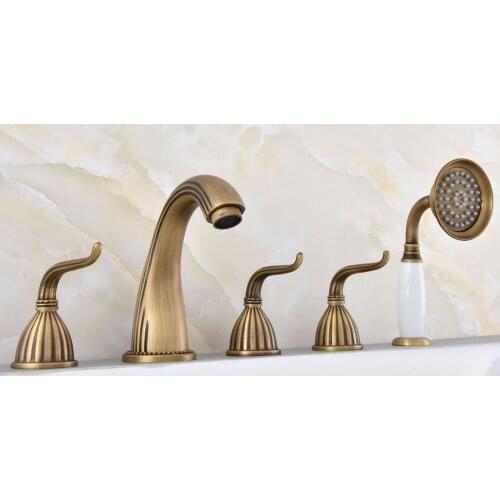 Antique Brass Deck Mounted 5PCS Bathroom Faucet Bathtub Basin Tap Cold Hot Water taps With Three Handles Ntf242