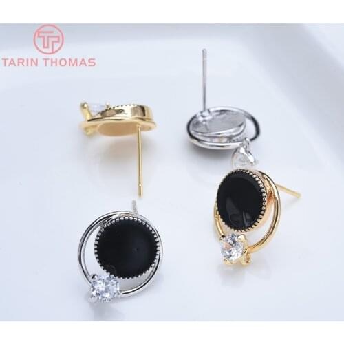 6PCS 13x15MM 24K Gold Color Brass with Zircon Dripping oil Round Stud Earrings High Quality Diy Jewelry Findings Accessories