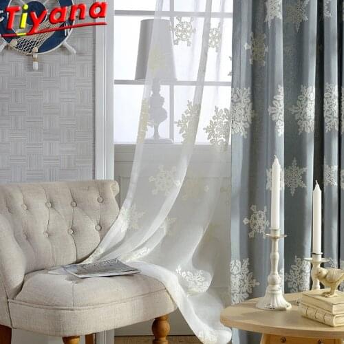 White Edelweiss Embroidery Curtains for Living Room Gray Linen Window Drapes Christmas Snowflake Curtains #VT