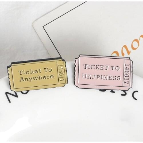 Ticket To Happiness and Anywhere pins pink yellow Enamel pins denim badges Lapel brooches cartoon jewelry Gifts for lover family