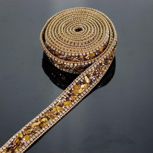 2yards Brown Gold Hot fix Rhinestones Trim Chain Crystal Iron on Applique Trimming for Collars Sewing Accessories