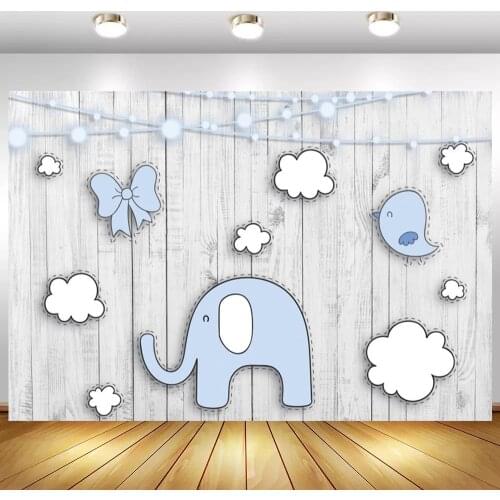 Gray Wood Wall Baby Shower Photo Backgrounds Elephant Clouds Birds Kids 1st 2nd 3 Birthday Backdrops Photography For Cake Table