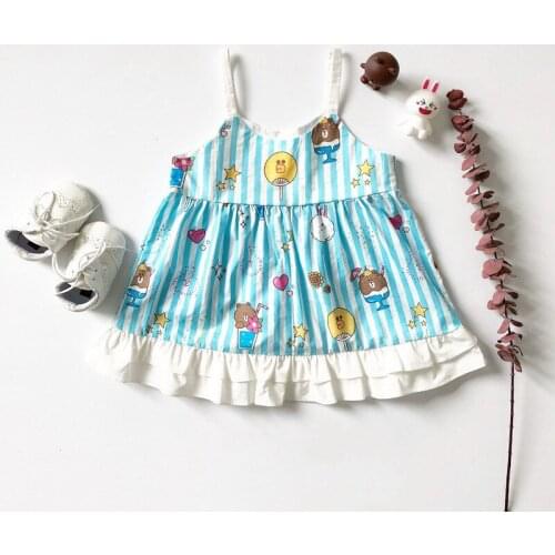 Tonytaobaby Summer Wear New Style Baby Girls Camisole Blue Stripes Pure Cotton Cartoon Dress Dress Girl