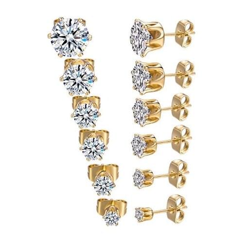 6 Pairs Stainless Steel Zircon Small Ear Stud Simple Fashion Small Earrings Korean Style for Gifts Non-Fading Ear Pin