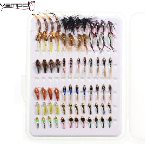 Vampfly 72pcs Fly Set W/ Plastic Portable Box Midge Perdigon Nymph Shrimp Scud Nymph Fly For Trout Blue Gill Salmon Fishing Bait