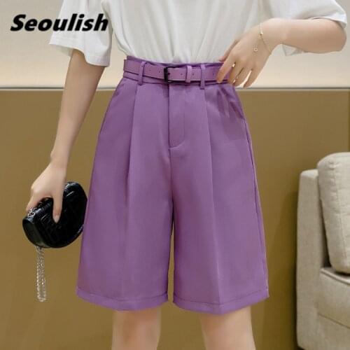 Seoulish 2021 New Summer Purple Womens Half Pants with Belt High Waist Casual Workwear Female Loose Wide Leg Trouses Lady
