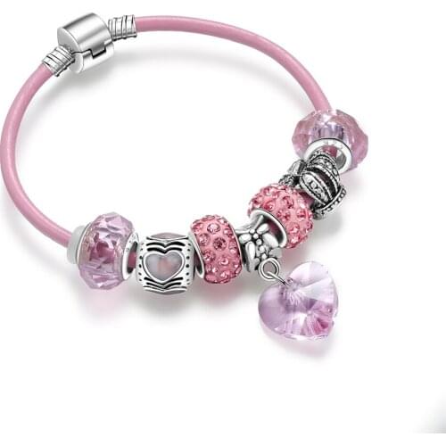 Dropshipping European Womens DIY Bracelets Hot Sale Pink Heart Pendant Gift Jewelry Charm New Arrival Glass Beads Pretty